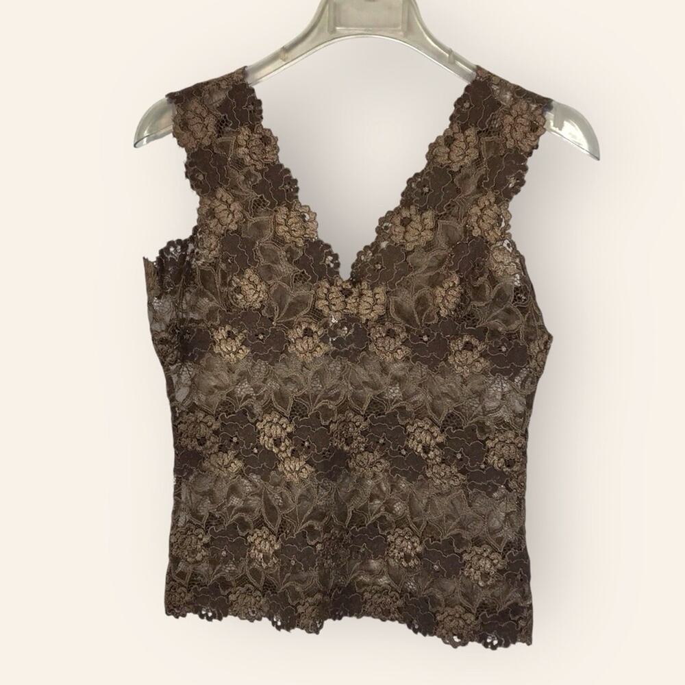 Josie Natori Brown Lace Floral Sleeveless Camisole V-neck Blouse Top